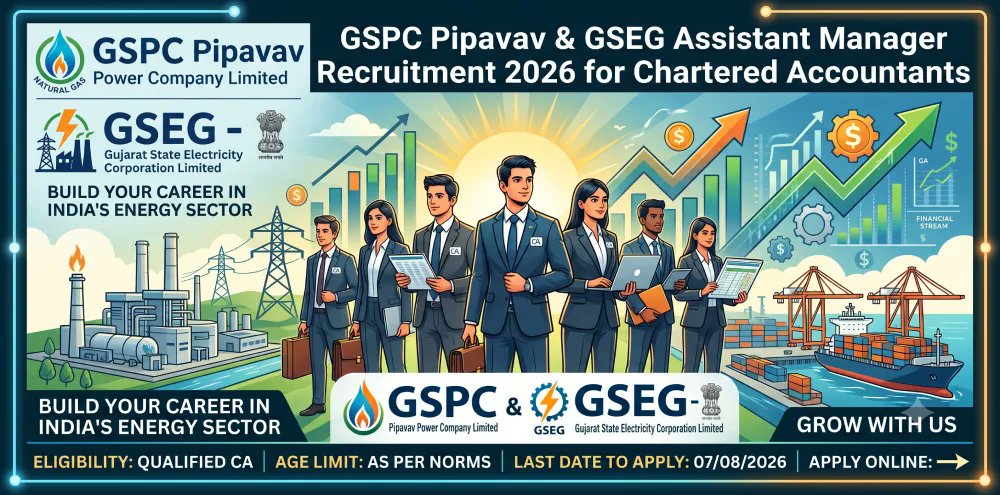 GovtTopNewss's tweet photo. 🚨 Finance Job Alert! GSPC Pipavav Power Company (GSEG GPPC) is hiring for the role of Assistant Manager - Finance &amp; Accounts.

Detail: 
https://t.co/iYOgECa1JC

#CAJobs #CharteredAccountant #FinanceJobs #GSPC #GujaratJobs #GovernmentJobs #ICAI #Recruitment2026 #SarkariNaukri https://t.co/OJuxV6S3n2