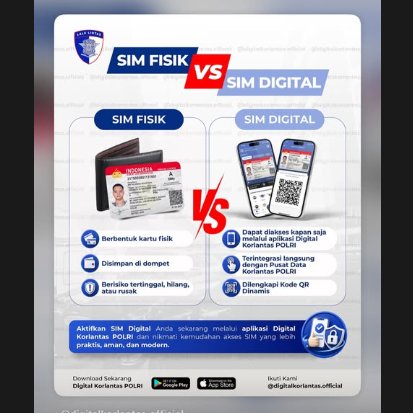 Trafficpinrang's tweet photo. 💳 SIM Fisik vs SIM Digital 📱

SIM fisik tetap menjadi dokumen resmi yang wajib dimiliki dan dibawa saat berkendara. Kini, melalui aplikasi Digital Korlantas POLRI, Anda juga dapat mengaktifkan SIM Digital untuk akses yang lebih praktis, aman, dan modern.

#DigitalKorlantas https://t.co/CivjyYzAcT