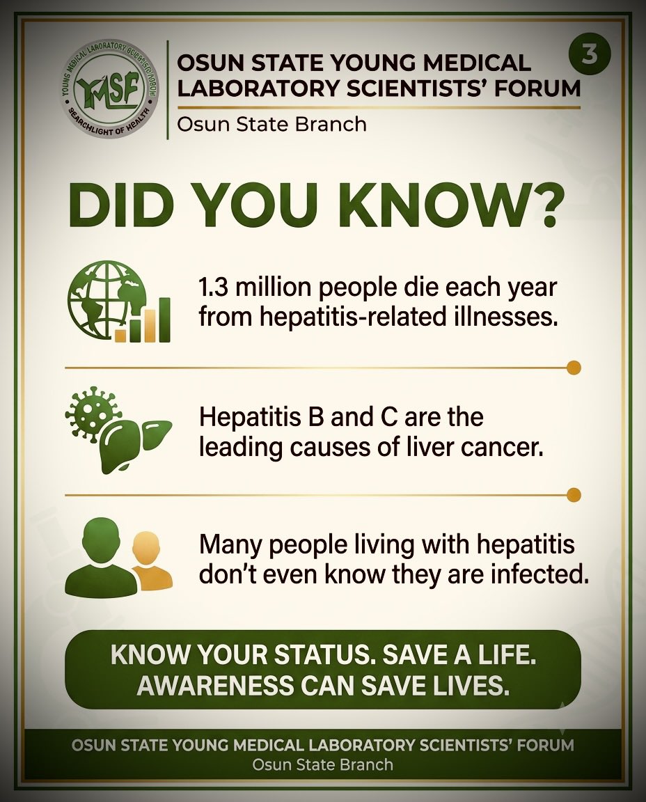 OsunYMLSF's tweet photo. World Hepatitis Day

Hepatitis can be silent, but early testing saves lives.

Know your status. Protect your liver.

Swipe through, learn something new, and help spread awareness by reposting.

Repost✨✨✨ https://t.co/Af4pt4CpDf