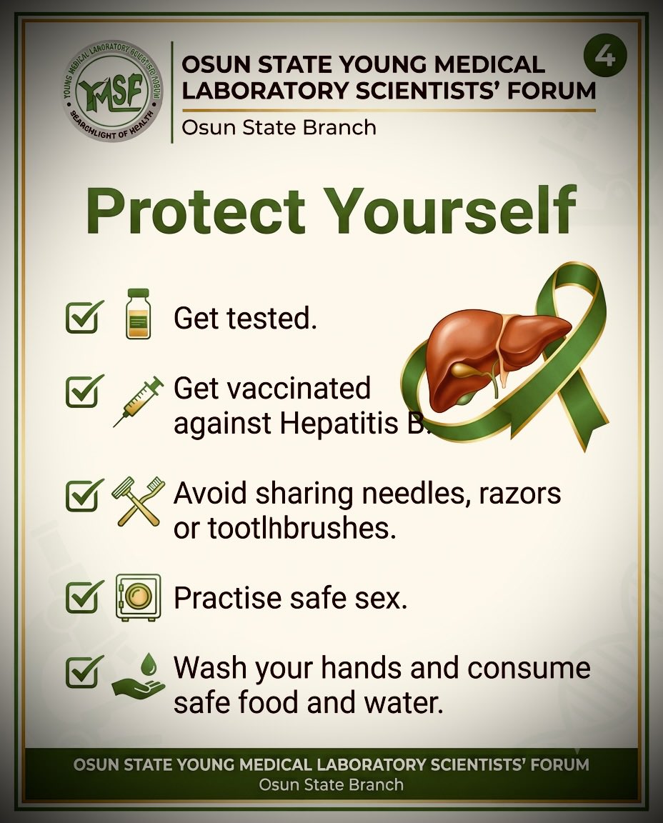 OsunYMLSF's tweet photo. World Hepatitis Day

Hepatitis can be silent, but early testing saves lives.

Know your status. Protect your liver.

Swipe through, learn something new, and help spread awareness by reposting.

Repost✨✨✨ https://t.co/Af4pt4CpDf