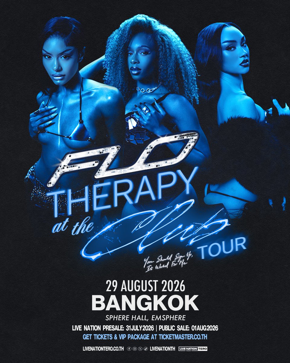 livenationth's tweet photo. ประกาศ! เพิ่มแพ็คเกจวีไอพีเอาใจแฟนคลับตัวจริง คอนเสิร์ต “FLO - Therapy At The Club Tour”
🗓 เปิดแสดง วันเสาร์ที่ 29 ส.ค. 2569📍สเฟียร์ ฮอลล์ เอ็มสเฟียร์

***ลูกค้าจะต้องสมัครบัญชีใช้งานและซื้อบัตรผ่าน https://t.co/HaijSfRxeo เท่านั้น การแสดงนี้ไม่มีการจำหน่ายบัตรที่เคาน์เตอร์ไทยทิคเก็ตเมเจอร์ และลูกค้าจะได้รับ e-Ticket เพื่อใช้เข้าชมการแสดง (ไม่มีการออกบัตรกระดาษ)***

🎫 จำหน่ายบัตร
• พรีเซลแฟนคลับ: 30 ก.ค. (10:00 น.) - 31 ก.ค. (9:59 น.) ที่ https://t.co/EJ1Ui557AV
• พรีเซลไลฟ์ เนชั่น เทโร: 31 ก.ค. (12:00 - 22:00 น.) ที่ https://t.co/xcF21kJL5F เท่านั้น สมัครสมาชิกฟรี!
• จำหน่ายบัตรทั่วไป: 1 ส.ค. (10:00 น. เป็นต้นไป) ที่ https://t.co/EJ1Ui557AV

📌 หมายเหตุ:
• ผู้ชม 1 ท่าน ต้องใช้ 1 ชื่อ-นามสกุล ที่พิมพ์ด้วยตัวอักษรภาษาอังกฤษ ต่อบัตร 1 ใบ (ห้ามใช้ชื่อซ้ำ)
• การซื้อบัตรทางเว็บไซต์ในวันที่ 30 ก.ค. - 1 ส.ค. 2569 โปรดกดรับคิวซื้อบัตรได้ที่หน้าเว็บไซต์ https://t.co/HaijSfRxeo ล่วงหน้า 1 ชั่วโมงก่อนเปิดจำหน่าย ตรวจสอบขั้นตอนการรับคิวที่ https://t.co/HaijSfRxeo
• รอบพรีเซลเปิดจำหน่ายทุกราคาบัตร โดยมีจำนวนจำกัดในแต่ละรอบ
• การสมัครสมาชิกเพื่อรับสิทธิ์พรีเซลส์สำหรับไลฟ์ เนชั่น เทโร ไม่ได้เป็นการรับรองว่าท่านจะสามารถซื้อบัตรเข้าชมการแสดงได้แต่อย่างใด ทั้งนี้ขึ้นอยู่กับจำนวนบัตรพรีเซลส์ที่เปิดขายในช่วงเวลานั้น ๆ ด้วย ซื้อก่อนมีสิทธิ์ก่อน
• รอบพรีเซลแฟนคลับ: ซื้อบัตรได้ 6 ใบ ต่อ 1 การสั่งซื้อ
• รอบพรีเซลสำหรับไลฟ์ เนชั่น เทโร: ซื้อบัตรได้ 6 ใบ ต่อ 1 การสั่งซื้อ
• รอบจำหน่ายบัตรทั่วไป: ซื้อบัตรได้ 6 ใบ ต่อ 1 การสั่งซื้อ
• การมองเห็นในบางโซนและบางที่นั่งอาจถูกจำกัด เนื่องจากรูปแบบของการแสดง โครงสร้างของเวที รวมไปถึงอุปกรณ์ต่างๆ จากการแสดง ขอสงวนสิทธิ์ในการยกเลิกหรือขอเงินคืนจากเหตุผลดังกล่าว
• ไม่อนุญาตให้ผู้ชมอายุต่ำกว่า 12 ปีเข้าชมการแสดง สำหรับผู้ชมที่อายุต่ำกว่า 16 ปีควรมีผู้ปกครองดูแล
•⁠ เงื่อนไขเป็นไปตามที่ผู้จัดฯ กำหนด ⁠สงวนสิทธิ์ในการเปลี่ยนแปลงแก้ไขโดยไม่จำเป็นต้องแจ้งให้ทราบล่วงหน้า

Announcement! Additional VIP Packages Released for True Fans of "FLO – Therapy At The Club Tour"
🗓 Saturday, 29 August 2026📍 Sphere Hall, EMSPHERE

***Customers are required to create a Ticketmaster account and purchase tickets exclusively via https://t.co/HaijSfRxeo. Tickets for this event will not be available at Thaiticketmajor outlets. Customers will receive an e-ticket for event admission (no physical tickets will be issued)***

🎫 Ticket Sales
• Fan Club Presale: 30 July (10AM) - 31 July (9.59AM) at https://t.co/EJ1Ui557AV
• Live Nation Tero Presale: 31 July (12PM - 10PM) exclusively at https://t.co/xcF21kJL5F Sign up for free membership!
• General Onsale: 1 August from 10:00 AM onwards at https://t.co/EJ1Ui557AV

📌 Note:
• Each attendee must use one English first and last name per ticket (duplicate names are not allowed).
• For online purchases from 30 July - 1 August 2026, please obtain a ticket queue 1 hour before the sale time on the website https://t.co/HaijSfRxeo. Check the queueing process at https://t.co/HaijSfRxeo.
• Presale rounds offer all ticket price categories, with limited availability in each round.
• Signing up for a Live Nation Tero membership to access the presale does not guarantee that you will be able to purchase tickets. Ticket purchases are subject to the number of presale tickets available during the applicable presale period and will be allocated on a first-come, first-served basis.
• Fan Club Presale: Up to 6 tickets per transaction.
• Live Nation Tero Presale: Up to 6 tickets per transaction.
• General OnSale: Up to 6 tickets per transaction.
•⁠ ⁠Views from some areas/seats may be obstructed due to performance design, stage structures, camera and show equipment depending on the location of your seat. Ticket cancellations, changes, or refunds will not be available for view restriction reasons.
• Children under 12 are not allowed to attend the show. Those under 16 should be accompanied by a guardian.
•⁠ ⁠Terms and conditions are subject to change without prior notice. Promoter’s decisions are final.

#FLO
#TherapyAtTheClubTourBKK
#TATCBKK
#LiveNationTero