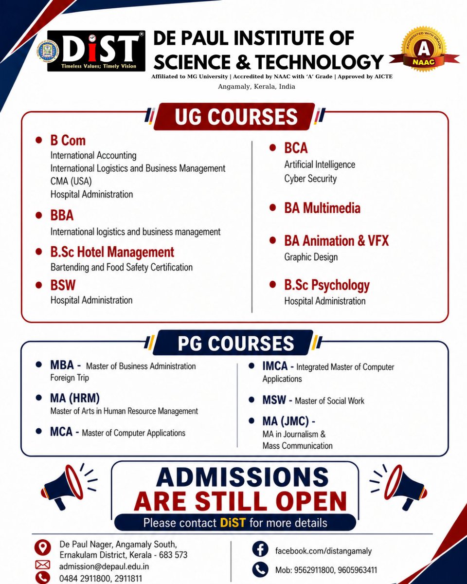 distcollege's tweet photo. 🎓 Admissions are still open at De Paul Institute of Science &amp; Technology (DiST), Angamaly.

Explore a wide range of UG &amp; PG programmes and become part of a NAAC 'A' Grade institution committed to academic excellence and career growth.

#DiST #AdmissionsOpen #UGAdmissions https://t.co/SuCKCyNbHl