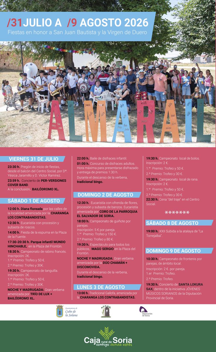 Almarail's tweet photo. ¡Ya no queda nada para nuestras fiestas!

Compartimos aquí el cartel que recoge todas las actividades de los días más alegres del año en nuestra localidad.
¡Os esperamos! 🎉🥳 https://t.co/3I8jYuBrzE
