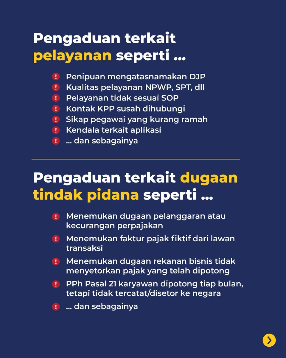 pajak_pulpis's tweet photo. #KawanPajak dapat menyampaikan laporan terkait kendala pelayanan, dugaan tindak pidana perpajakan, hingga pelanggaran kode etik dan disiplin pegawai. https://t.co/5h49Ha4Rez