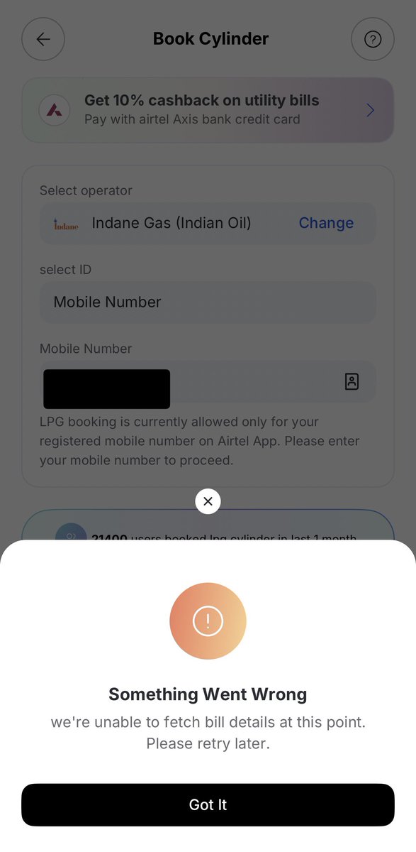 PSPK_OG_X's tweet photo. Unable to Book Indane Gas Cylinder through Airtel Thanks App

@airtelindia @Airtel_Presence 
@indane_gas 
@BharatConnect_ https://t.co/82CSuT4CWS