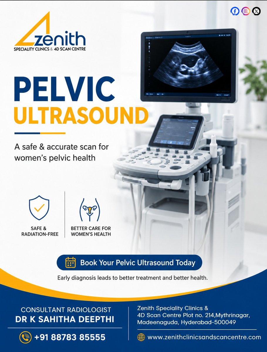 Zenith_Clinics's tweet photo. A #PelvicUltrasound is a safe, radiation-free imaging test that helps evaluate the uterus, ovaries, and other pelvic organs. Early #Diagnosis can detect gynecological conditions, guide timely treatment, and support better #WomensHealth.

#PelvicUltrasound #WomensHealth https://t.co/F4sPTNTl2i