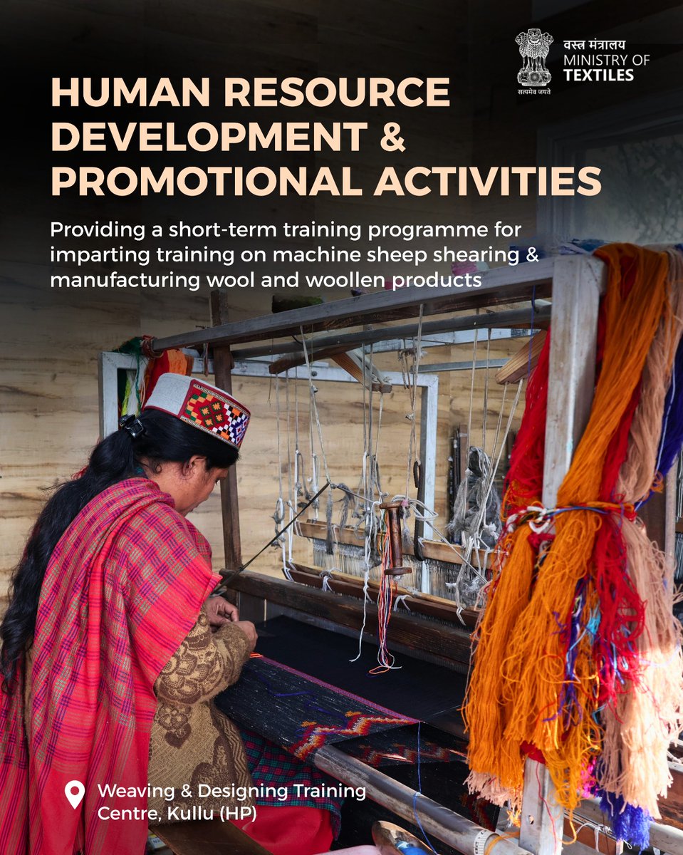 TexMinIndia's tweet photo. The Ministry of Textiles, through the Central Wool Development Board, is implementing schemes that support every stage of the wool value chain—from wool production and processing to skill development and market access.

Swipe through to explore the active schemes that empower:
🐑 Wool growers
🧶 Artisans and entrepreneurs
🎓 Skill development and capacity building
🔬 Wool processing and quality enhancement
📈 Sustainable growth of India's wool sector

Together, we are fostering a resilient, inclusive and future-ready wool ecosystem.

#MinistryOfTextiles #CentralWoolDevelopmentBoard #IndianWool #WoolSector #SkillDevelopment #Textiles #AtmanirbharBharat #SustainableDevelopment #VocalForLocal @CWDBJodhpur @wwepcindia1