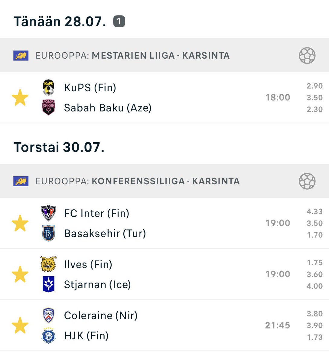JanneUlmala's tweet photo. Neljä suomalaisjoukkuetta pelaa tällä viikolla europelejä. KuPSin pelit jatkuvat vaikka häviäisivät. Klubin jatkoa pidän varmana. Kotona vahvalla Ilveksellä hyvät mahdollisuudet kääntää 1-0 tappio. Interillä isoin haaste. #UCLfi #UECLfi #Veikkausliiga #HJK #KuPS #Inter #Ilves https://t.co/TKVXde1FOl