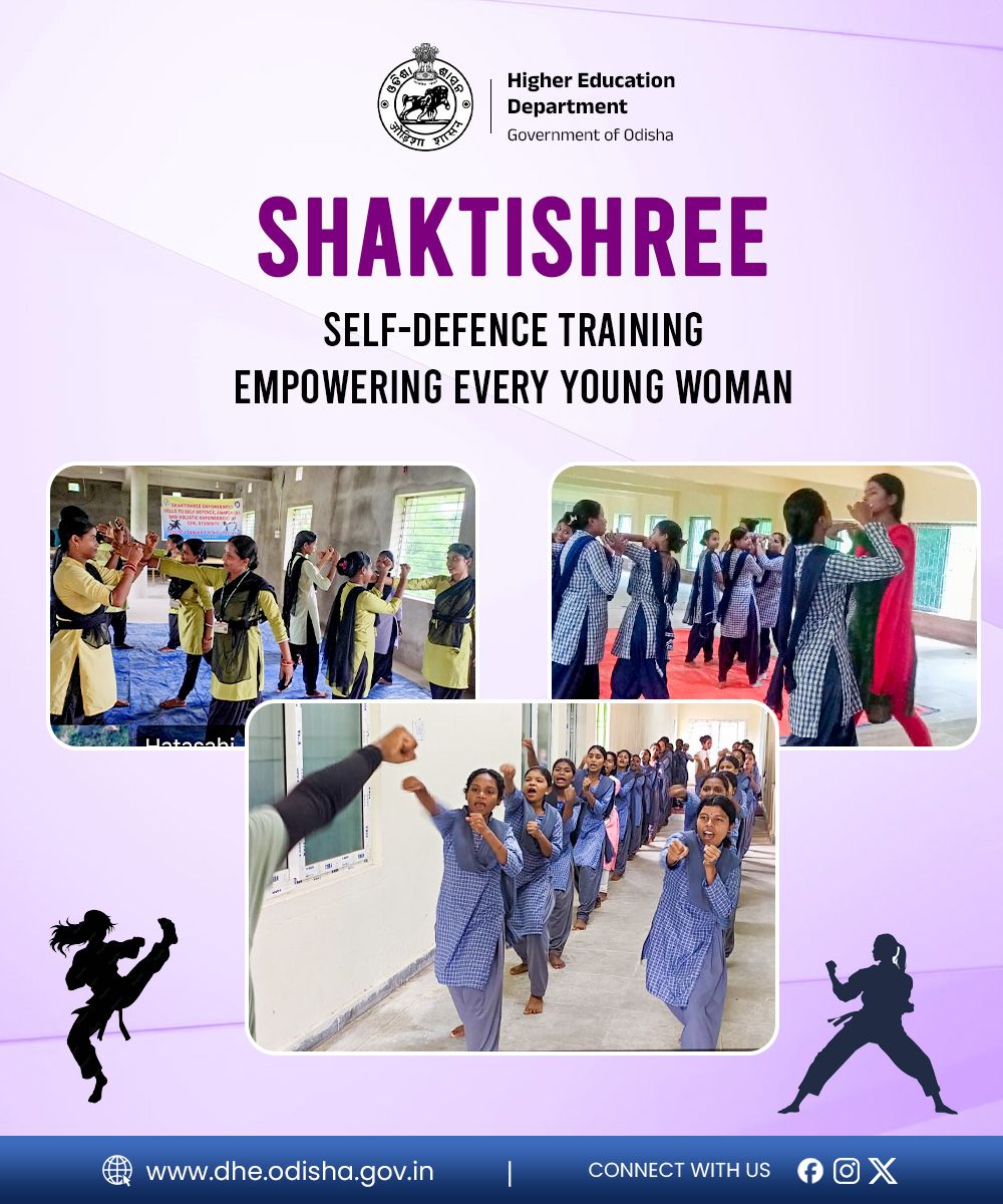 DHE_Odisha's tweet photo. Empowering young women with the confidence and skills to protect themselves, Self-Defence Training Programmes under the Shaktishree Empowerment Cell and equipping students with essential life skills. The initiative promotes confidence, resilience, and personal safety, fostering a stronger and more empowered generation.

#Shaktishree #WomenEmpowerment #HigherEducation #Odisha
