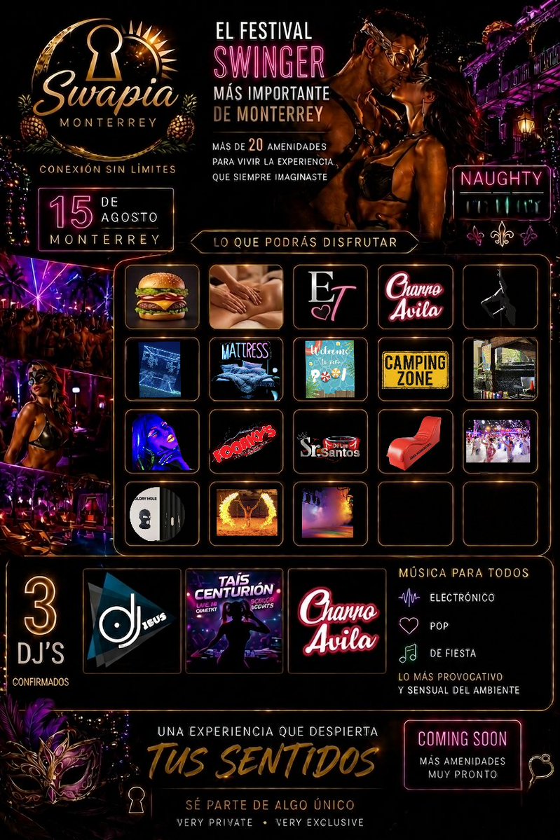 SWapiaMty's tweet photo. La espera a terminado, estamos listos, 15 de Agosto. 
⚜️3 Dj
⚜️Masaje tantrico 
⚜️Área de Fast Food 
⚜️Área kamasutra
⚜️Área de camping 
⚜️Playrooms climatizados 
⚜️Glory Hole
⚜️Show de espuma 
⚜️Neón Party 
⚜️Sex Shop y  más.
Dress Code Blanco transparencias.
Cooperación $1,500 https://t.co/BgGffWjaih