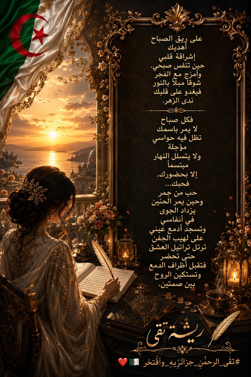 rooh_eldjana's tweet photo. ،,

على ريق الصباح
أهديك
إشراقة قلبي
حين تنفس صبحي

وأمزج مع الفجر
شوقا مبللا بالنور
ليغدو على قلبك
ندى الزهر

فكل صباح
لا يمر باسمك
تظل فيه حواسي
مؤجلة
ولا يتسلل النهار
مبتسما
إلا بحضورك
فحبك...
#حبٌّ_من_جمر

و #حين_يمرّ_الحنين
يزداد الجوى
في أنفاسي
وتسجد أدمع عيني

#تــقَــٓى https://t.co/lscRdj58IA