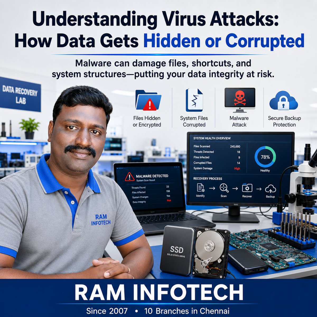 raminfotechmd's tweet photo. Malware doesn’t always delete data. It can hide files, corrupt folders, damage shortcuts, and block access. At RAM INFOTECH, we know proper recovery requires careful diagnosis, technical skill, and patience.#DataRecovery #MalwareAwareness #RAMINFOTECH https://t.co/dSvcvyLnaj