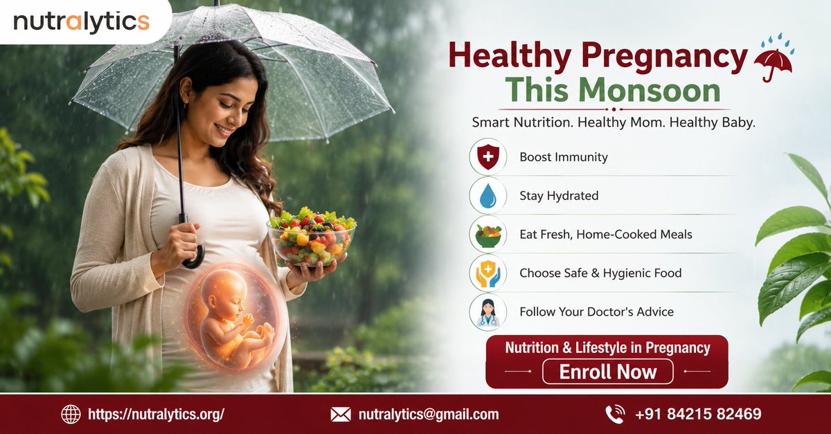 nutralytics's tweet photo. 📷 Healthy #Pregnancy Starts with Smart Monsoon #Nutrition! 📷
Take extra care this #rainyseason with healthy food choices and good hygiene.
📷 Boost Immunity
📷 Stay Hydrated
📷 Eat Fresh, Home-Cooked Meals
📷 Nutrition &amp; Lifestyle in Pregnancy – Enroll Now! https://t.co/psmAaxT4fe