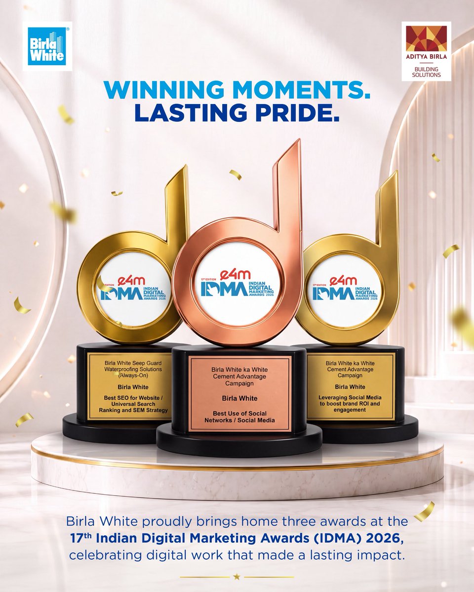 BirlaWhite's tweet photo. A proud milestone for Birla White! 🏆
Honoured with three awards at the 17th Indian Digital Marketing Awards (IDMA) 2026, celebrating digital work that made a lasting impact.
#BirlaWhite #IDMA2026 #DigitalExcellence #Awards #Innovation https://t.co/iU8cTuM6YA