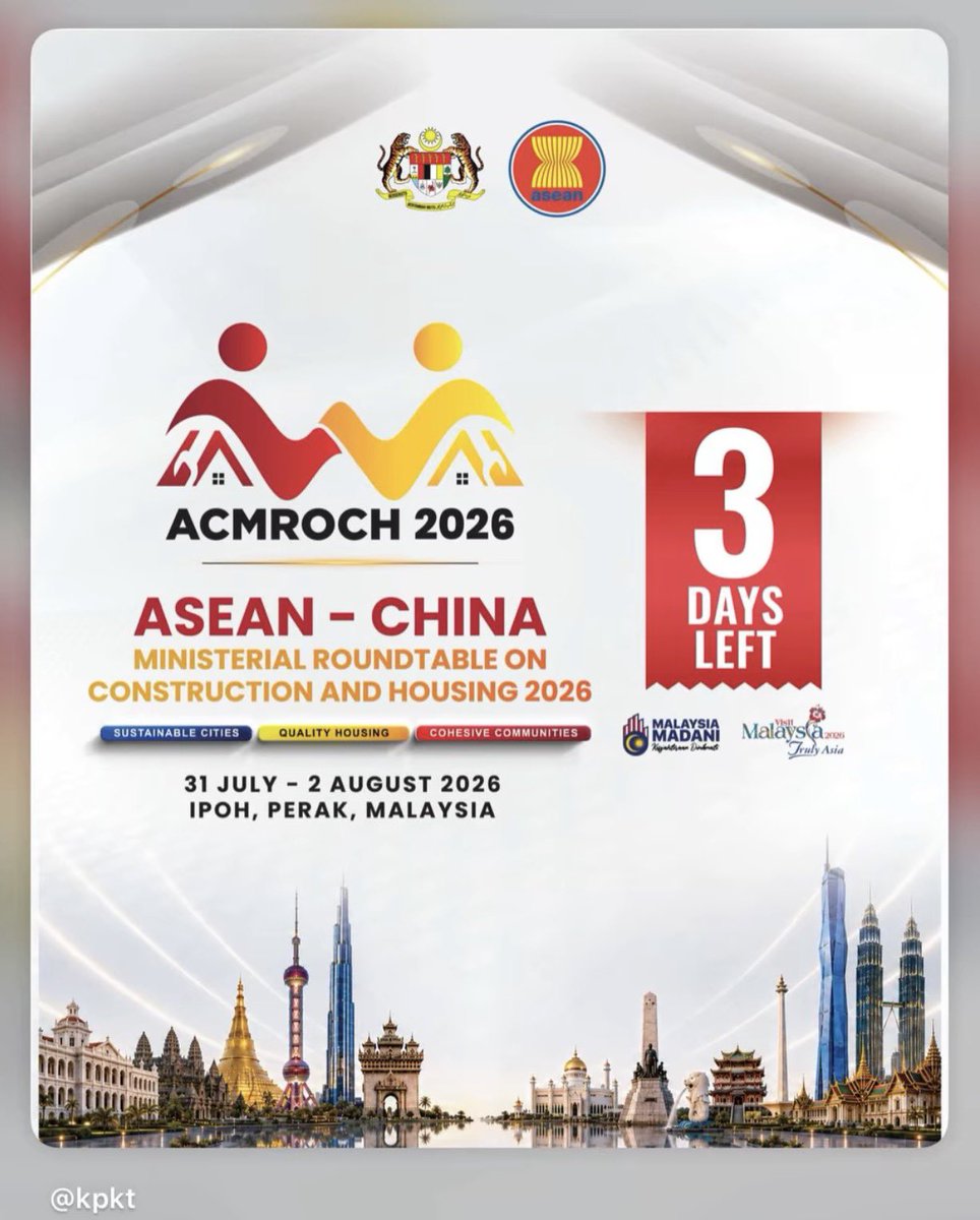 aizamsyaff's tweet photo. Hi, everyone. 👋🏼 

The ASEAN-China Roundtable on Construction &amp; Housing (ACMROCH 2026) is taking place in Ipoh, Perak.

Disarankan untuk mengelakkan kawasan sekitar lokasi program pada 31 Julai hingga 2 Ogos bagi mengelakkan kesesakan lalu lintas. Thank you. https://t.co/fjiQpq0DWA