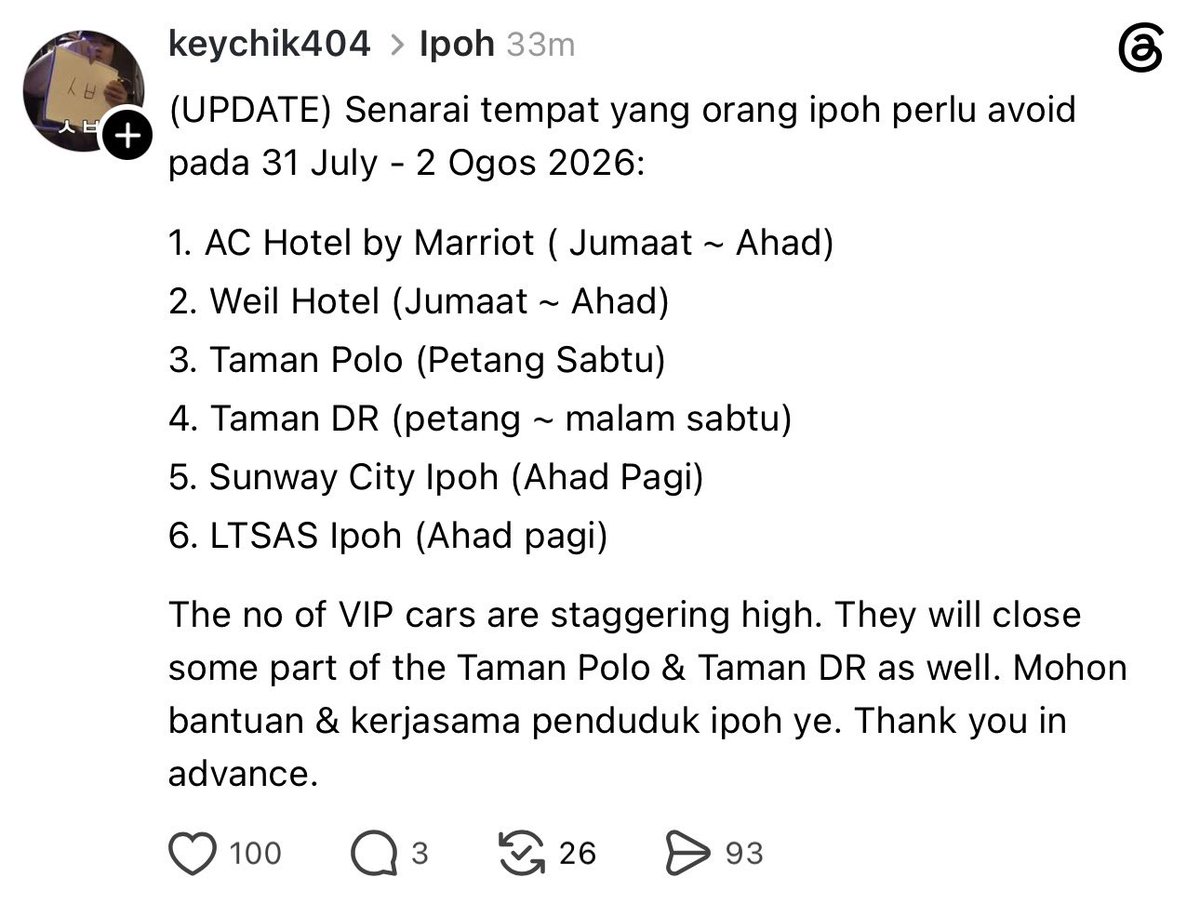 aizamsyaff's tweet photo. Hi, everyone. 👋🏼 

The ASEAN-China Roundtable on Construction &amp; Housing (ACMROCH 2026) is taking place in Ipoh, Perak.

Disarankan untuk mengelakkan kawasan sekitar lokasi program pada 31 Julai hingga 2 Ogos bagi mengelakkan kesesakan lalu lintas. Thank you. https://t.co/fjiQpq0DWA