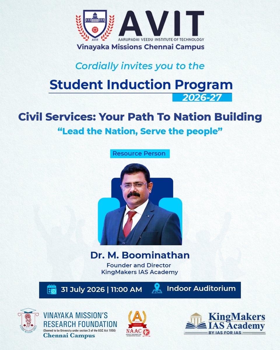 AVITChennai's tweet photo. An inspiring session on "Civil Services: Your Path to Nation Building", empowering students to dream big, lead with purpose, and serve the nation.
#AVIT #StudentInduction2026 #CivilServices #NationBuilding #Leadership #HigherEducation #VMRF #StudentSuccess https://t.co/e6sogvFsaR