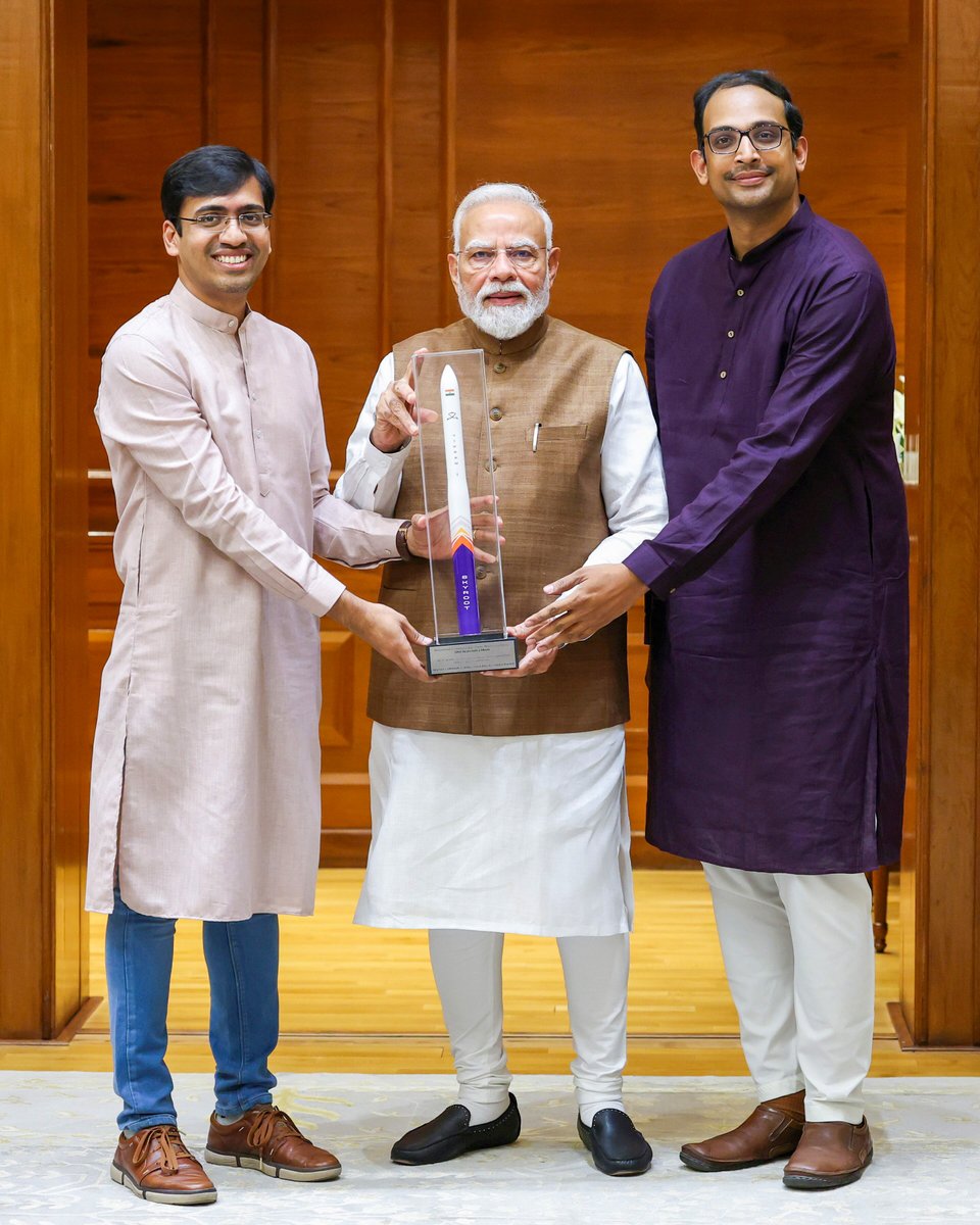 Analyticsindiam's tweet photo. Modi Praises Skyroot Founders After Vikram-1's Historic Launch

Prime Minister Narendra Modi met Skyroot Aerospace co-founders Pawan Chandana and Naga Bharath Daka on Monday to celebrate the Vikram-1 rocket's successful debut on July 18 from Sriharikota. The mission reached 450 km orbit, making India the third nation after the US and China with private orbital launch capability. The founders called the encounter humbling, crediting government reforms since 2020, IN-SPACe, and ISRO for enabling their journey from idea to orbit, as ministers and entrepreneurs hailed the milestone for India's growing space economy.

@SkyrootA @narendramodi