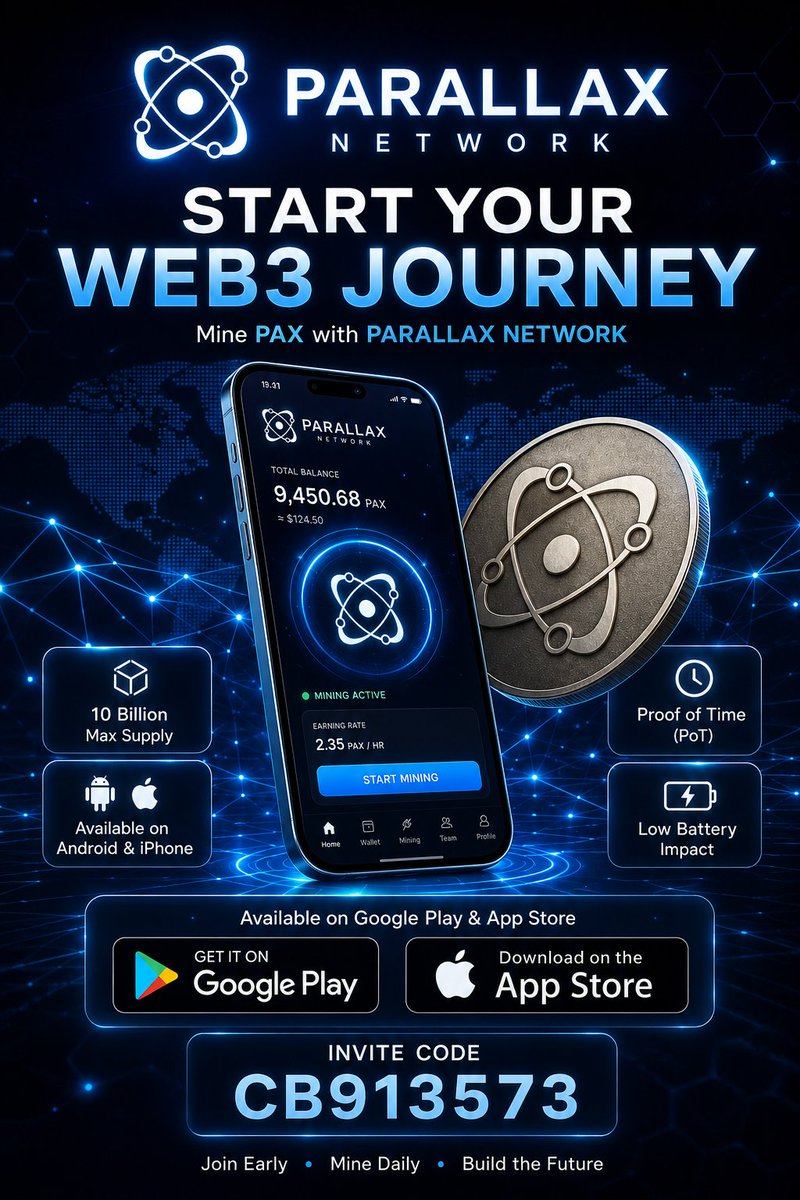 ParallaxIndian's tweet photo. 🚀 Your Web3 Journey Can Start Today

The biggest opportunities in blockchain often begin before the spotlight arrives.

PARALLAX NETWORK is building a Layer 1 ecosystem where getting started is simple. No expensive mining hardware, no complicated setup—just your smartphone and a few minutes to begin.

Why PARALLAX NETWORK?

• Mine PAX directly from your Android or iPhone
• Powered by Proof of Time (PoT) for mobile-friendly participation
• Designed for efficient performance with low battery impact
• Officially available on Google Play and the Apple App Store
• Early participants have the opportunity to grow alongside the ecosystem as it evolves

Getting Started is Easy

1. Download the PARALLAX NETWORK app.
2. Create your account..
https://t.co/L9hJbIuIHb

3. Use Invite Code: CB913573 and receive 5 PAX after registration (if the referral promotion is active).
4. Verify your email.
5. Activate mining daily and stay consistent.

Every great ecosystem starts with an early community.

Start today, stay consistent, and grow with PARALLAX NETWORK from the very beginning.

#ParallaxNetwork #PAX #Web3 #Blockchain