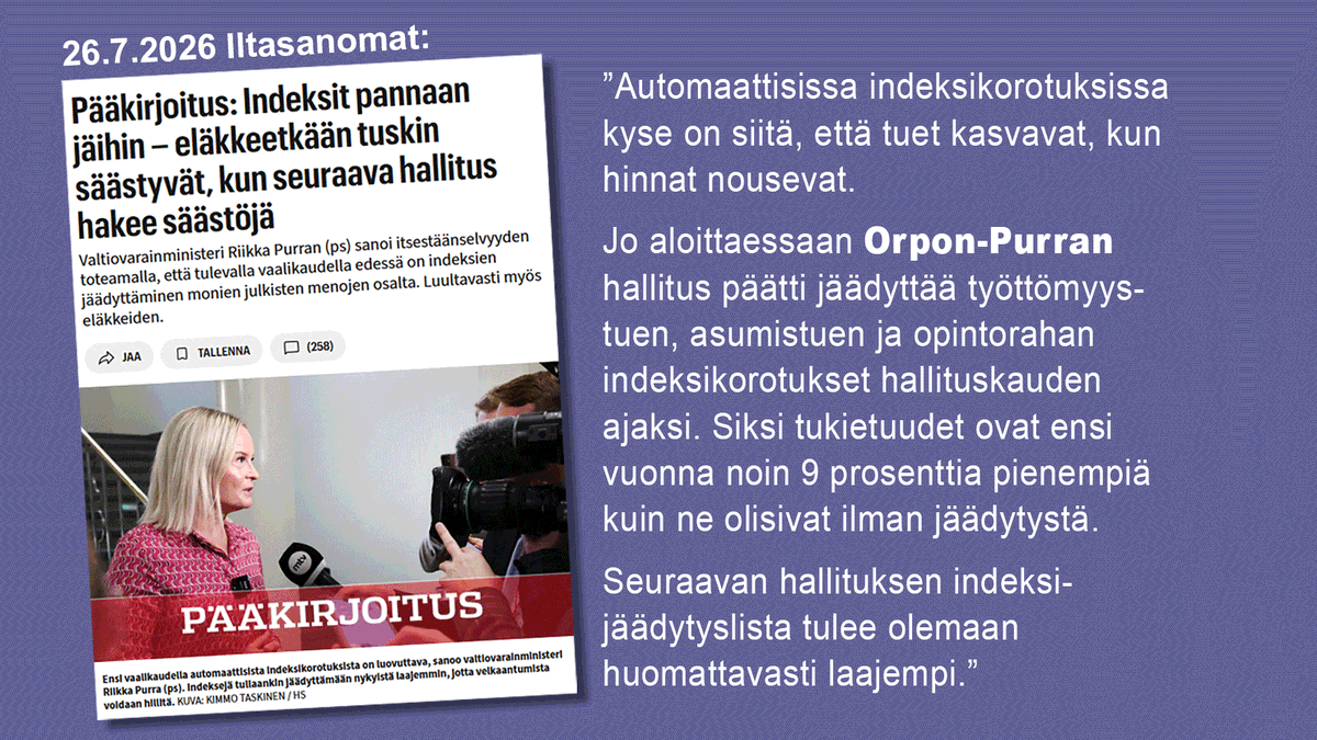 EKLry's tweet photo. .@iltasanomat Pääkirjoitus: Indeksit pannaan jäihin – eläkkeetkään tuskin säästyvät, kun seuraava hallitus hakee säästöjä
”Automaattisissa indeksikorotuksissa kyse on siitä, että tuet kasvavat, kun hinnat nousevat.”
#toimeentulo #eläkkeet #hallitus
https://t.co/Qpe3PwHrVf https://t.co/8qI6PK8Fru