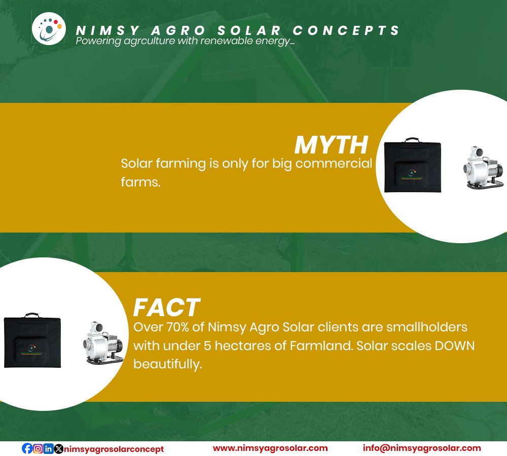 nimsyagrosolar's tweet photo. Let's settle this once and for all.  We've heard every rumour in the book, solar is 'too expensive,' etc. The truth? Nigerian smallholders are already saving millions in diesel costs with solar irrigation, and the technology works year-round. 
 #nimsyagrosolar https://t.co/I19wLxjbKs