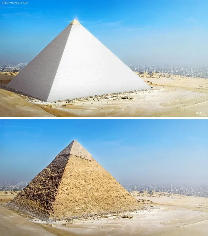 Rainmaker1973's tweet photo. This is what the pyramids used to look like. 

They were covered with polished white limestone and had a peak made of pure gold. https://t.co/F9sVNCKTMm