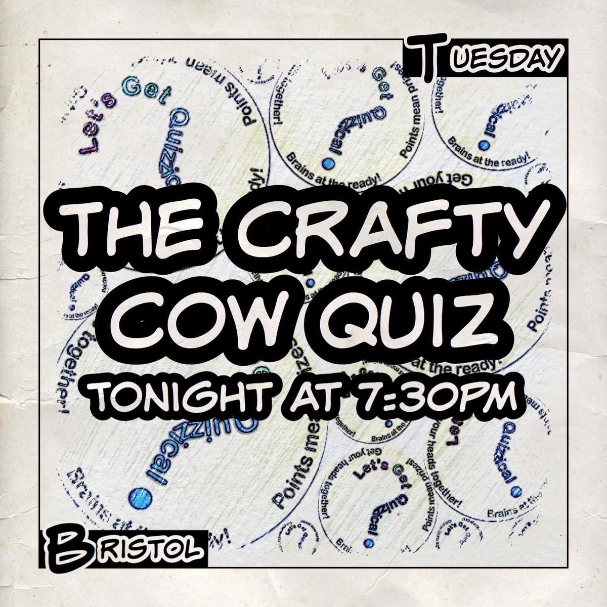 QuizzicalQuiz's tweet photo. It’s #QuizNight at #TheCraftyCow in BS7, Horfield, #Bristol. 7:30pm start for our #WhichOne? #Quiz with wine and cash to be won! https://t.co/dq4NYhhui2