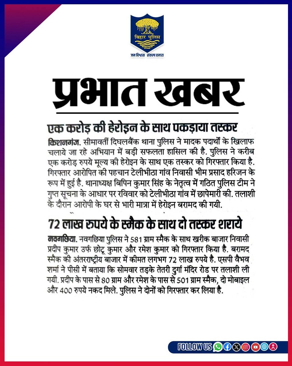 bihar_police's tweet photo. #BiharPolice की आज के समाचार पत्रों में छपी कुछ प्रमुख उपलब्धियां...
.
.
#HainTaiyaarHum #NewsUpdate #DainikBhaskar #DainikJagran #TimesOfIndia https://t.co/7vRV3b5aO1