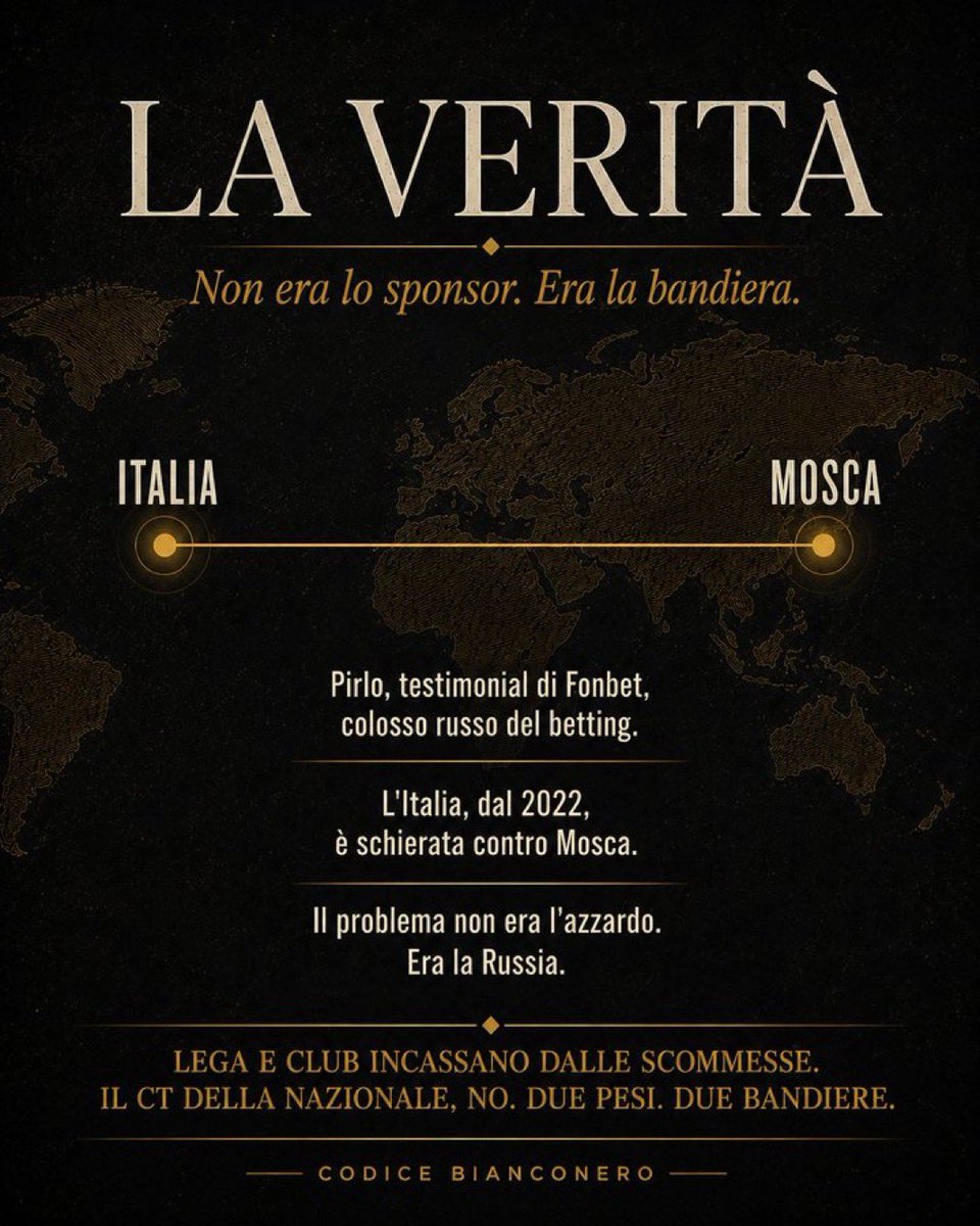 CodBianconero's tweet photo. 2/2
🇷🇺 E se il problema non fossero mai state le scommesse?

Fonbet è un colosso russo. E l'Italia, dal 2022, sta dall'altra parte del tavolo.

Non è caduto il testimonial del betting. È caduto il testimonial di Mosca.

Poteva essere questo il vero motivo?

#Maldini #Malagò #Chiellini #Italia #FIGC