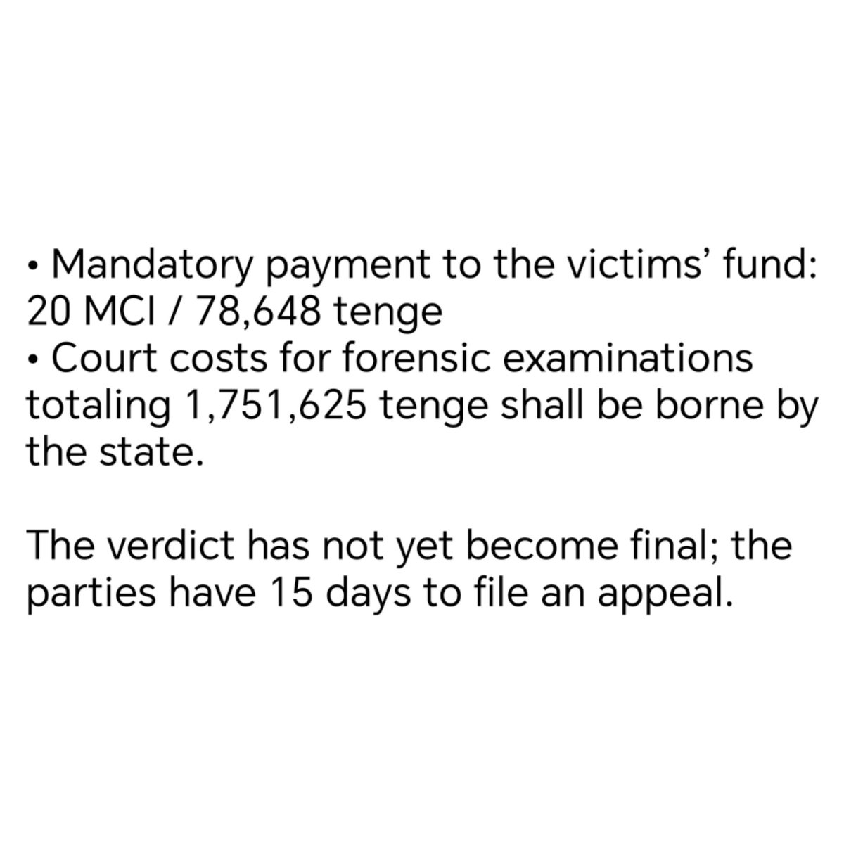 Veritas_kz's tweet photo. 5/5 
• By absorbing the less severe sentence into the more severe one, the final sentence imposed is 6 years of imprisonment to be served in a medium-security facility, with a 3-year ban on public and political activities;

#ActivistsNotExtremists #justice @OSCE @MounirSatouri https://t.co/df3OXP6Chf