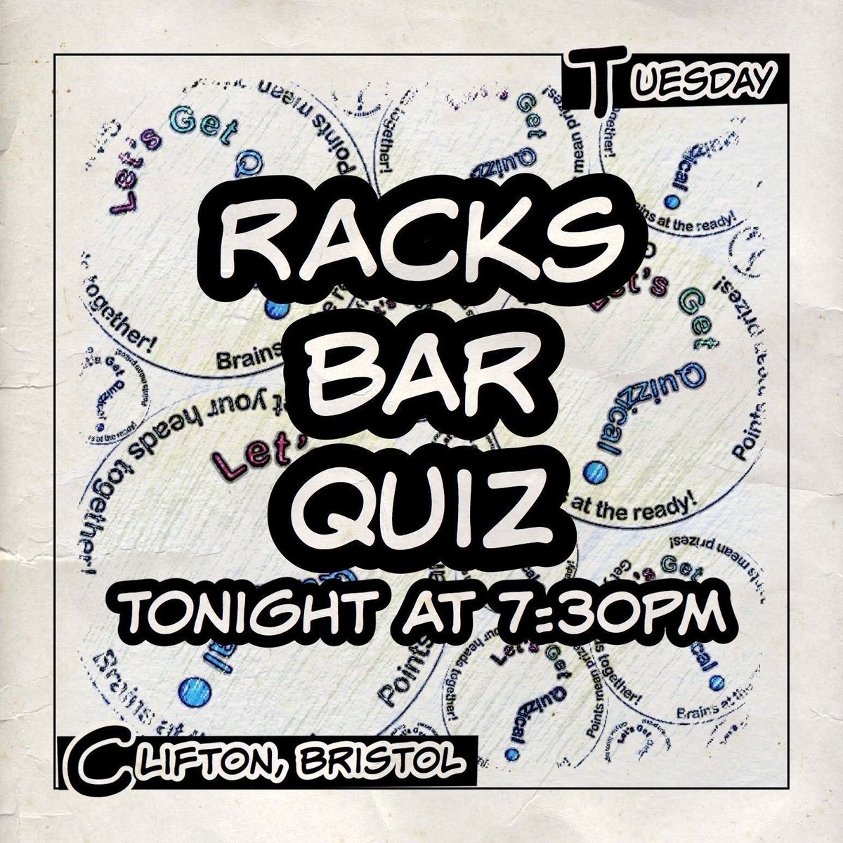 QuizzicalQuiz's tweet photo. It’s #QuizNight at #Racks in BS8, Clifton, #Bristol. 7:30pm start for our #WhichOne? #Quiz with a £50 bar tab to be won https://t.co/gROVbauvtX