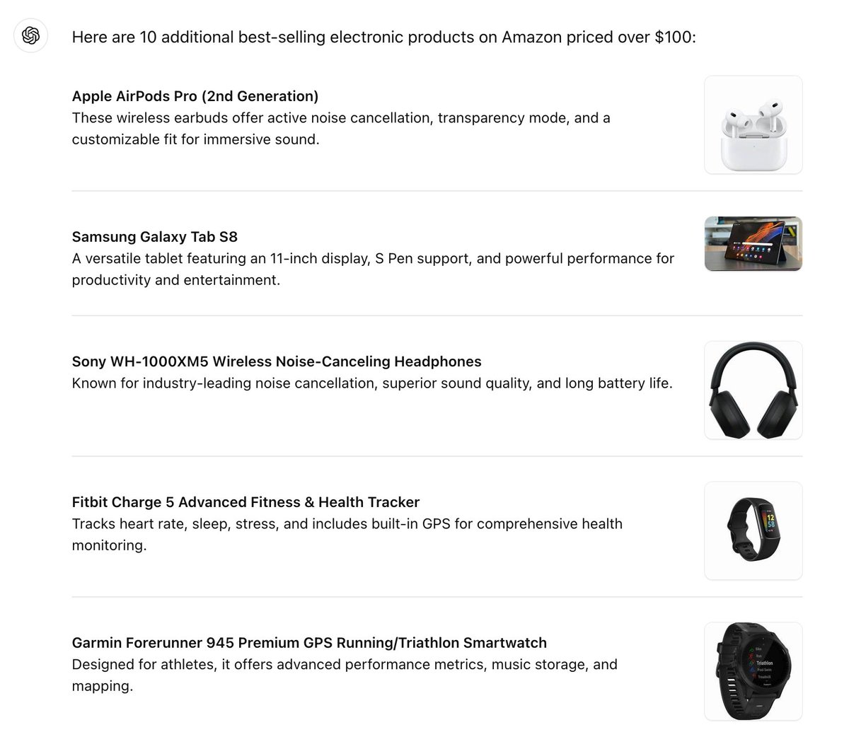 Lady_Sin_Filtro's tweet photo. 1/ Ir a ChatGPT

Una vez que estés en ChatGPT, pega este mensaje:

Lista de los 10 productos electrónicos más vendidos en Amazon con precios superiores a $100.

Para este ejemplo, voy a elegir el Garmin Forerunner 945 Premium GPS Running https://t.co/bExeOGAuqB