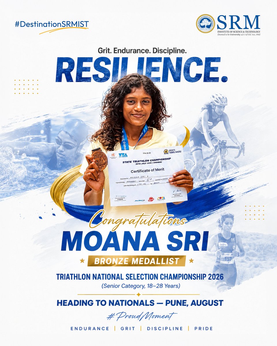 SRM_Univ's tweet photo. Bronze today. National colours tomorrow.

Congratulations to Moana Sri S on representing Tamil Nadu at the National Triathlon Championship.

#SRMIST #ProudMoment https://t.co/LFSQmkf5xp