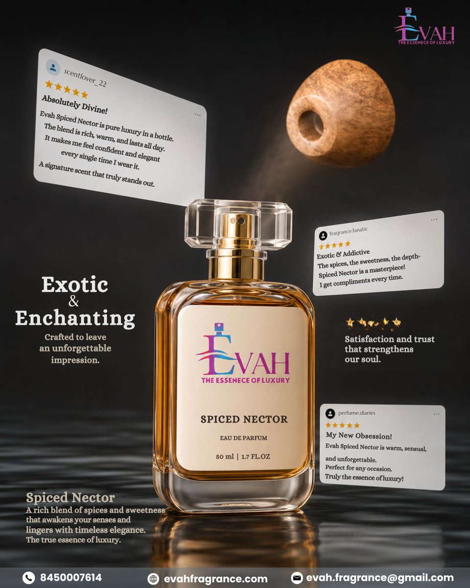 The_Evah's tweet photo. Confidence has a new fragrance. ✨
Discover EVAH Spiced Nectar  a bold blend crafted to leave an unforgettable impression.

#evah #evahfragrance #spicednectar #luxuryperfume #premiumfragrance https://t.co/HF9SXPsD51