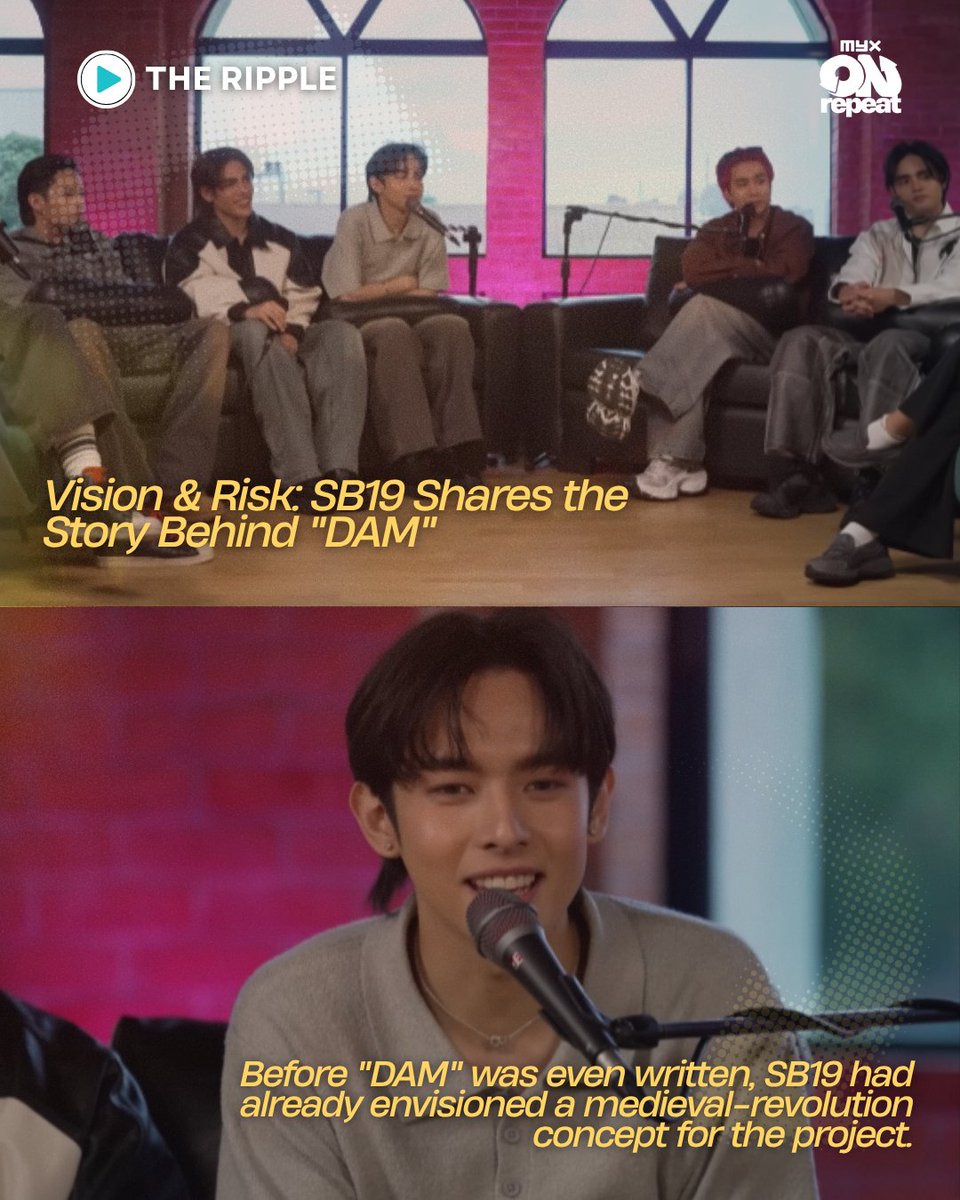 myxglobal's tweet photo. SB19 shares the inspiration and bold creative choices behind "DAM" on #TheRipple ✨

Stream your favorite MYX shows LIVE daily on Facebook and Youtube.
🕘 9:00 AM – 3:00 PM PHT⁣
🕕 6:00 PM – 12:00 AM PST⁣

#MYX #SB19 #MYXonRepeat https://t.co/ZmHXH1Awv5