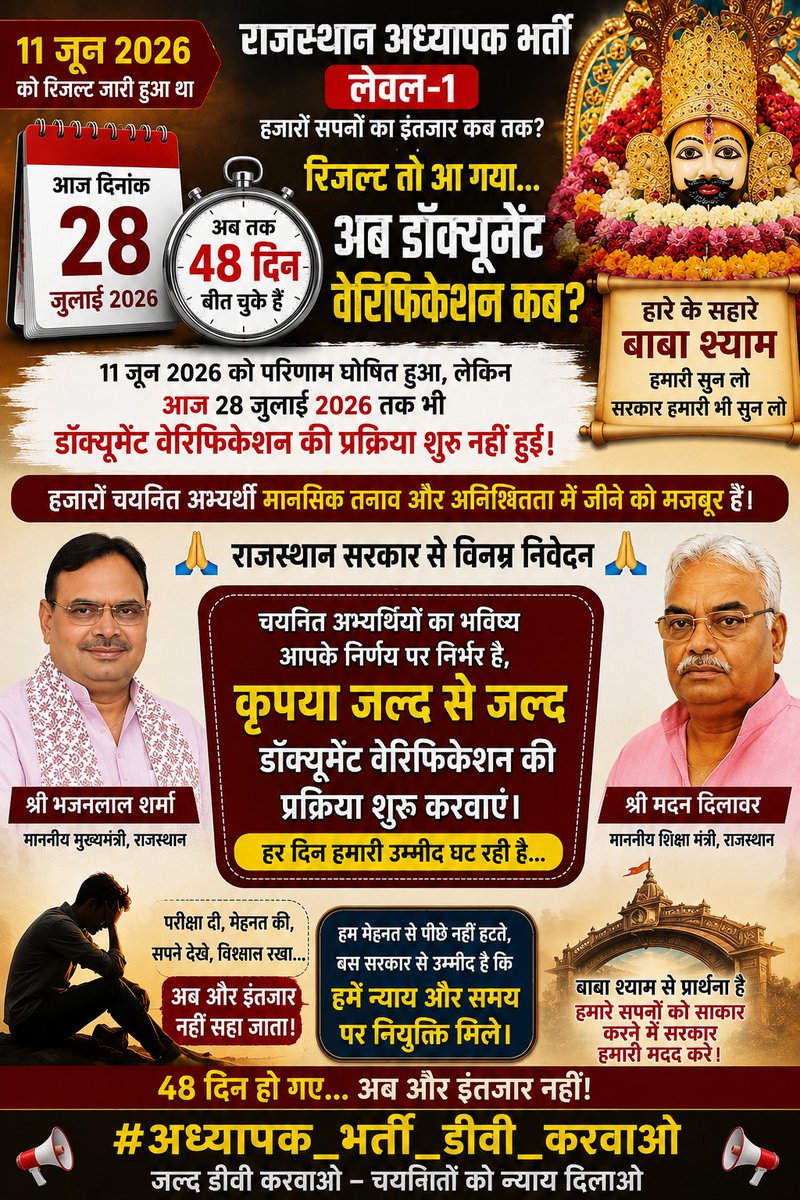 PrabhuJharwal's tweet photo. माननीय @RajGovOfficial से निवेदन है कि 
REET Level-1 के DV शेड्यूल को जल्द जारी किया जाए।
@BhajanlalBjp 
आपके इस कदम से हजारों परिवारों को राहत मिलेगी। 
अग्रिम धन्यवाद 🙏

#REETLevel1 #DV2026
#अध्यापक_भर्ती_डीवी_शेड्यूल_जारी_करो https://t.co/9eZRmWHtJI