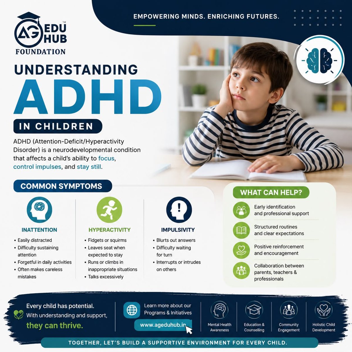 ageduhub's tweet photo. 🧠 ADHD is a neurodevelopmental condition—not a limitation.
With early identification, structured support and understanding, children with ADHD can thrive academically, socially and emotionally.

#ADHD #MentalHealth #ChildDevelopment #InclusiveEducation #AGEduHubFoundation https://t.co/Xy33oquUkK