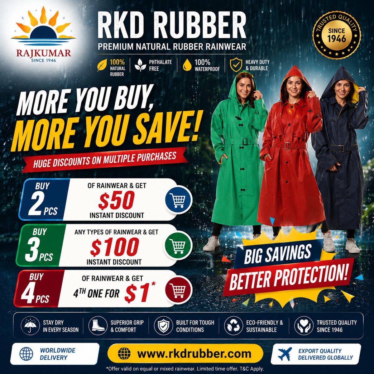 RKDRUBBER's tweet photo. 📷📷 The Bigger You Buy, The More You Save! 📷📷
Exclusive Rainwear Offer from RKD Rubber – Limited Time Only!
Stay protected with RKD Rubber Premium Natural Rubber Rainwear and enjoy unbeatable savings on bulk purchases! Made from 100% Natural Rubber. https://t.co/5j9yAFzvUW