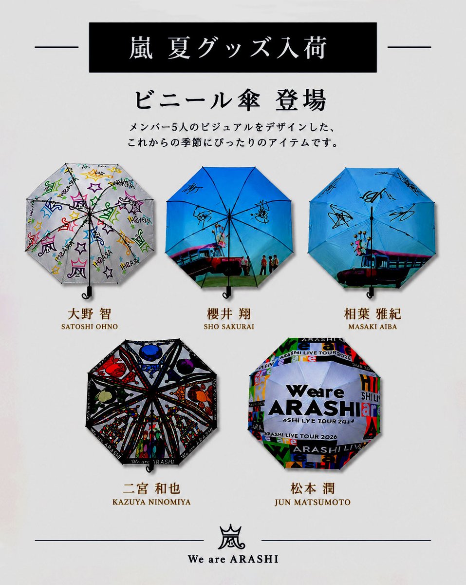 fan_johnnys_mem's tweet photo. 夏の思い出を、その手に。☂️

ARASHI Exhibitionデザイン
ビニール傘 発売中。

「We are ARASHI」の世界観を映した、
この夏だけのスペシャルアイテム。

大野智・櫻井翔・相葉雅紀
二宮和也・松本潤

▼ご購入はこちら
https://t.co/isQ9EKOtFV

#PR #嵐 #ARASHI
#WeareARASHI #Five https://t.co/rN3B69qkSy