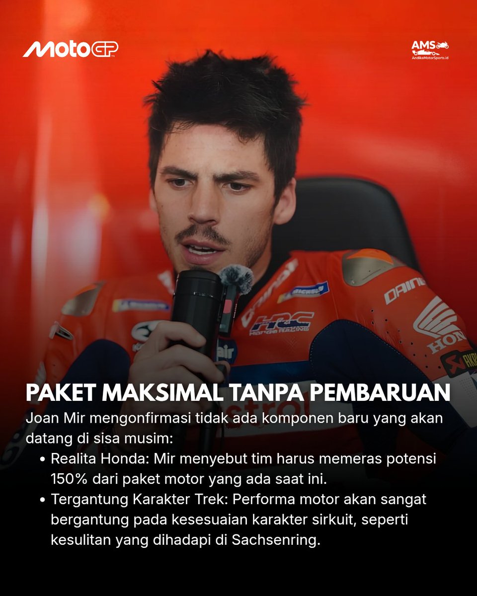 AndikaMS_id's tweet photo. HONDA STOP KEMBANGKAN MOTOR 2026! FOKUS PENUH REGULASI BARU 2027
Joan Mir beberkan Honda resmi stop bawa upgrade untuk musim 2026! Fokus penuh dialihkan ke motor 850cc untuk regulasi 2027.
#MotoGP #JoanMir #RepsolHonda #MotoGP2026 #AMS https://t.co/XdSwENO89P