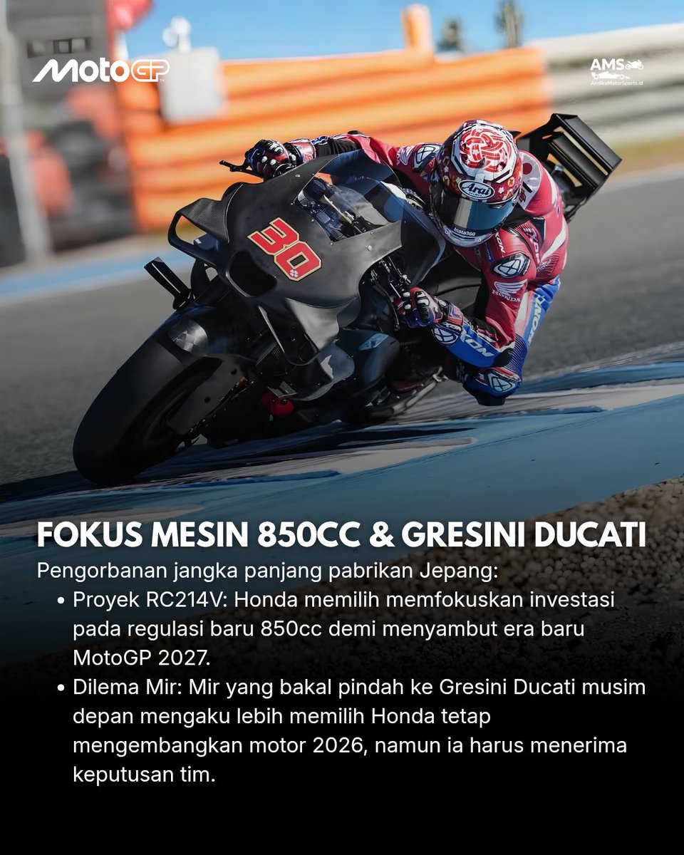 AndikaMS_id's tweet photo. HONDA STOP KEMBANGKAN MOTOR 2026! FOKUS PENUH REGULASI BARU 2027
Joan Mir beberkan Honda resmi stop bawa upgrade untuk musim 2026! Fokus penuh dialihkan ke motor 850cc untuk regulasi 2027.
#MotoGP #JoanMir #RepsolHonda #MotoGP2026 #AMS https://t.co/XdSwENO89P
