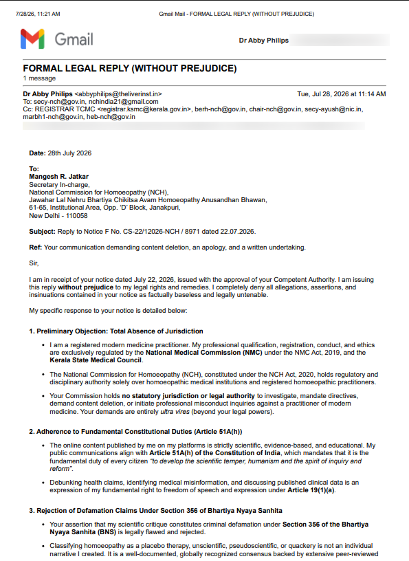 theliverdoc's tweet photo. The National Commission for Homeopathy made their threat against me official, coercing me to delete my online posts that were critical of Homeopathy. So I have send them an official response, other than the public response quoted, to all the concerned authorities.