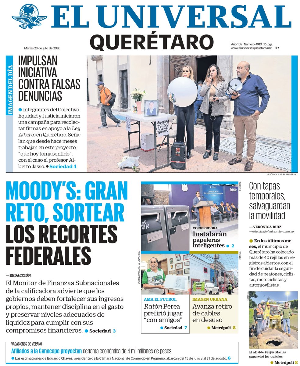 universalqro's tweet photo. #Martes  📰☕#EnPortada:

✅ Moody´s: Gran reto, sortear los recortes federales.
✅ Con tapas temporales, salvaguardan la movilidad en la capital queretana.
✅ Impulsan iniciativa contra falsas denuncias.

https://t.co/sVgzzGQBmE https://t.co/6aSnvTJmJk
