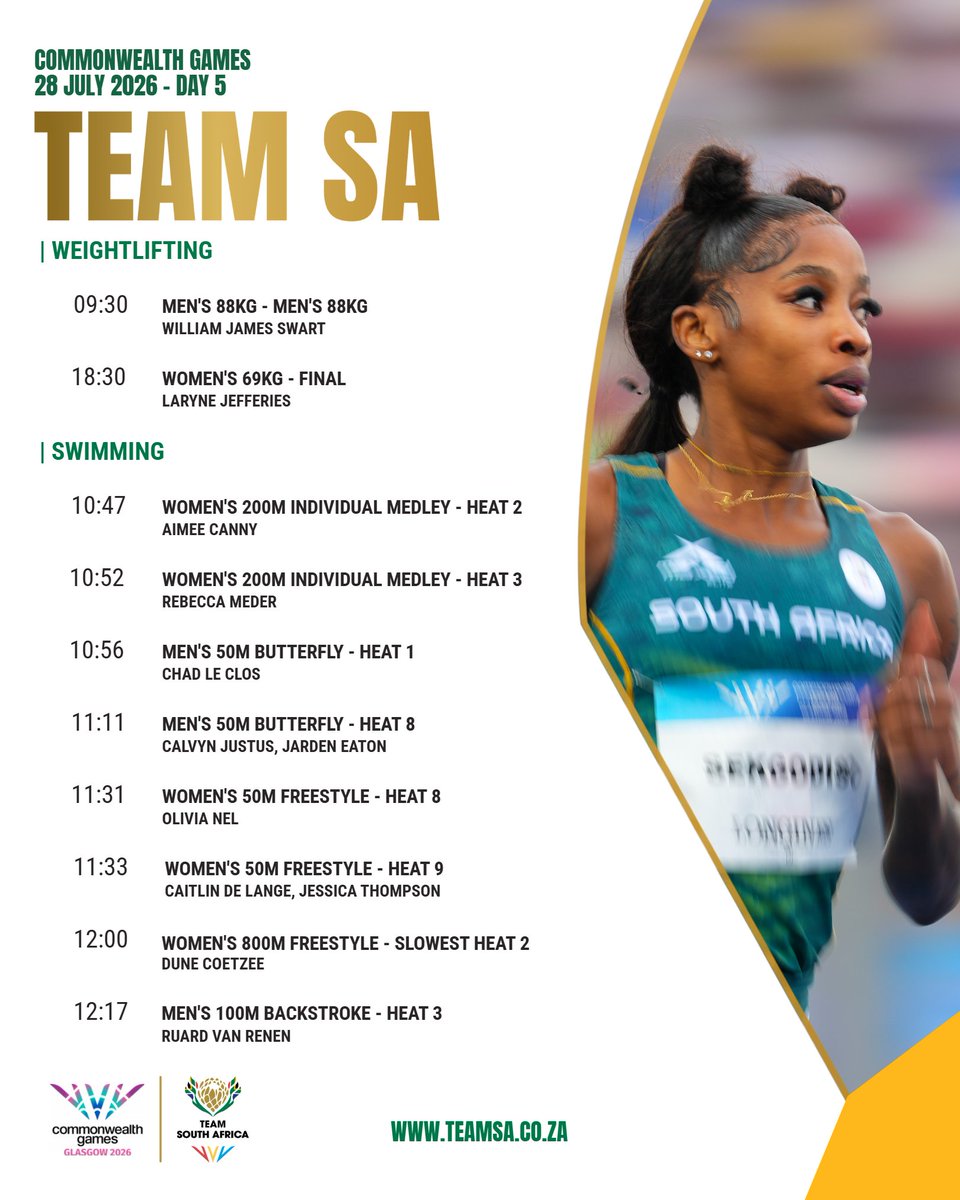 OfficialTeamRSA's tweet photo. DAY 5 SCHEDULE 📅🇿🇦

Another big day awaits Team South Africa! Here's when our athletes will be in action as they continue their campaign.

#TeamSA #ForMyCountry https://t.co/MKbybZdmS1