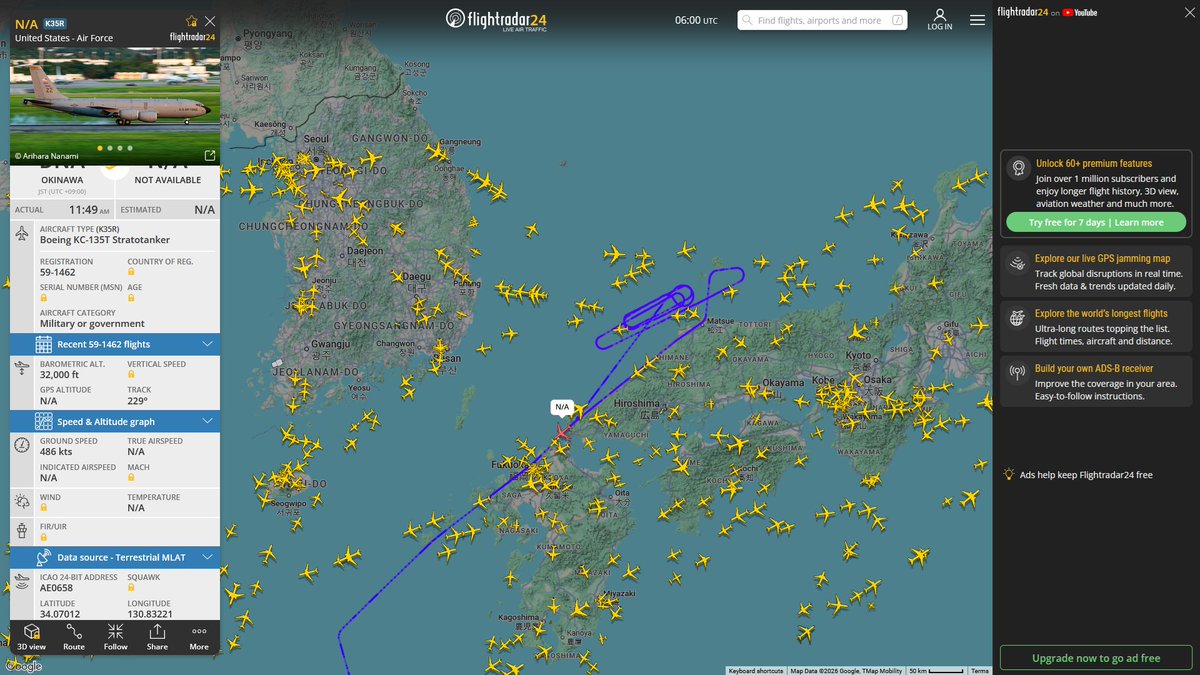AIYeyENGDdJkjTr's tweet photo. July 28, 2026
#Okinawa Kadena Air Base ==> #Sea of Japan
#NoCALLSIGN #AE0658 USAF KC-135T Stratotanker https://t.co/F63S2CLb1A