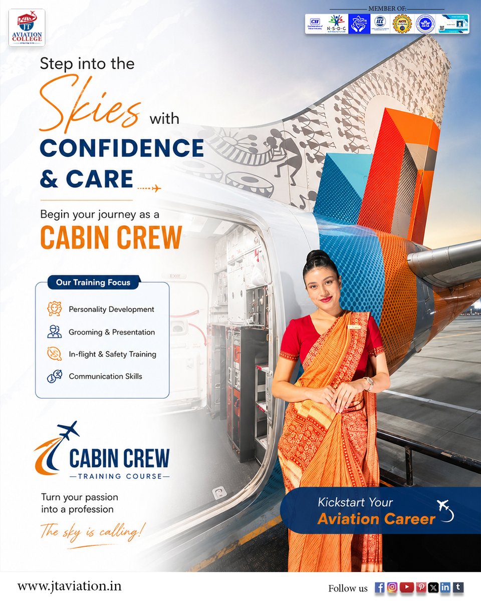jtaviationac's tweet photo. Your dream of becoming Cabin Crew starts here.👩‍✈️👨‍✈️ Join our Cabin Crew Training Course and develop professional grooming, in-flight service, communication, and customer handling skills through industry-focused training that prepares you for leading airline careers. https://t.co/hBGtlKjZSM