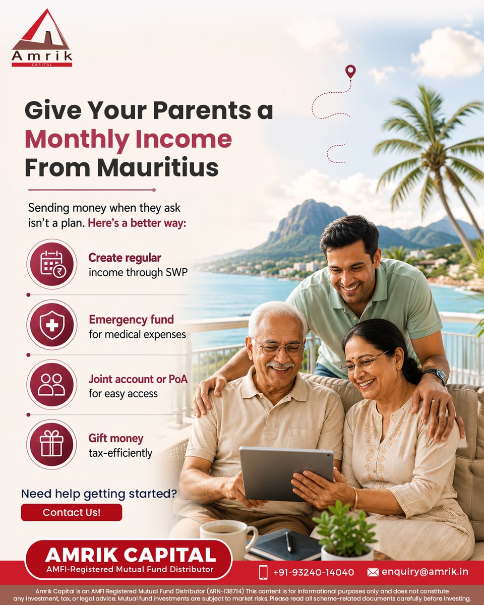 AmrikCapital's tweet photo. Supporting your parents is easier with a plan.

A regular income through SWP, an emergency fund, and proper banking access can provide financial security and peace of mind.

📞 +91 9324 014040
🌐 https://t.co/jZ7mDwEsNI
#SWP #NRIFinance #MauritiusNRIs #AmrikCapital https://t.co/g76j41PAmk