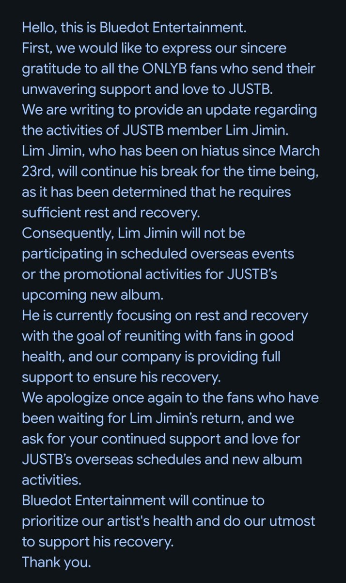 Emeitiny's tweet photo. ‼️‼️
Lim Jimin will continue his Hiatus and not participate in overseas activities or the promotion of the next album.
#justb #limjimin #limji #저스트비 https://t.co/h8BCtzuqKR