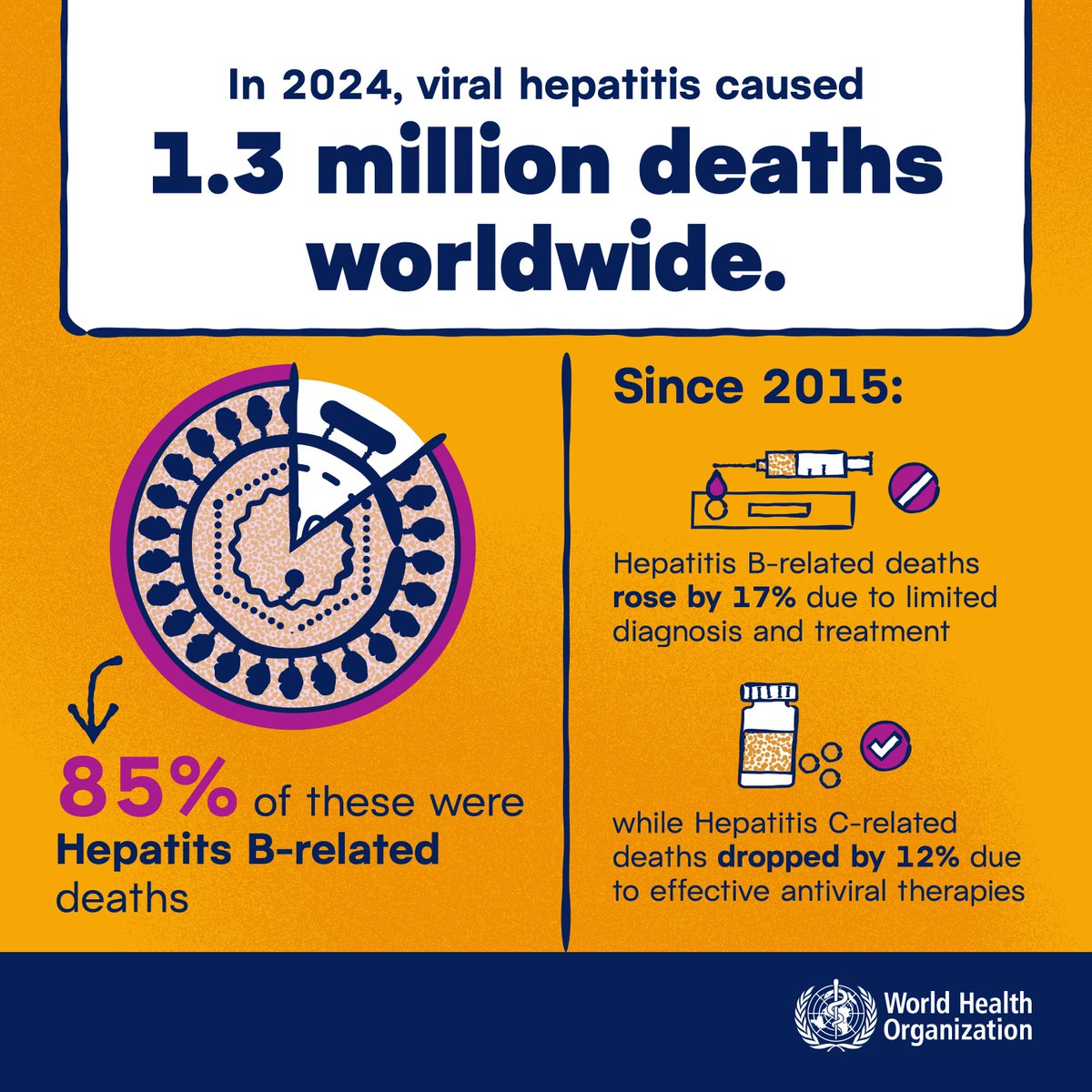 WHO's tweet photo. 1.3 million people died from viral hepatitis B and C in 2024.
Around 85% were #hepatitis B related deaths.

Since 2015, hepatitis B-related deaths have risen by 17% due to limited diagnosis and treatment.
This is unacceptable https://t.co/bIcsfe98BF 

#WorldHepatitisDay https://t.co/Qwf4GDJmxK