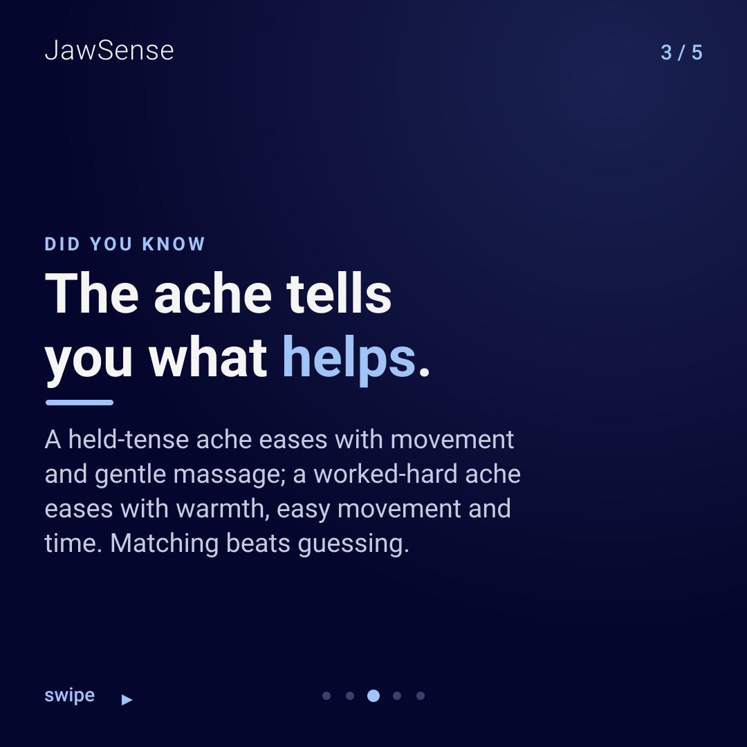JawSense's tweet photo. Jaw sore when you wake up? A grinding night asks your jaw muscles for hours of effort — so next-day soreness is them recovering, like the day after a workout. The kind of ache points to what helps. Free on iOS & Android — search "JawSense". #JawSense #SleepBruxism https://t.co/YLDeYNUxnW